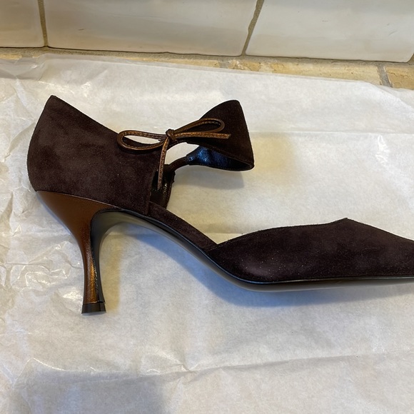 EUC SALVATORE FERRAGAMO Brigida Brown Suede Leather Stiletto Bow Pump 9.5 Italy - Picture 5 of 13